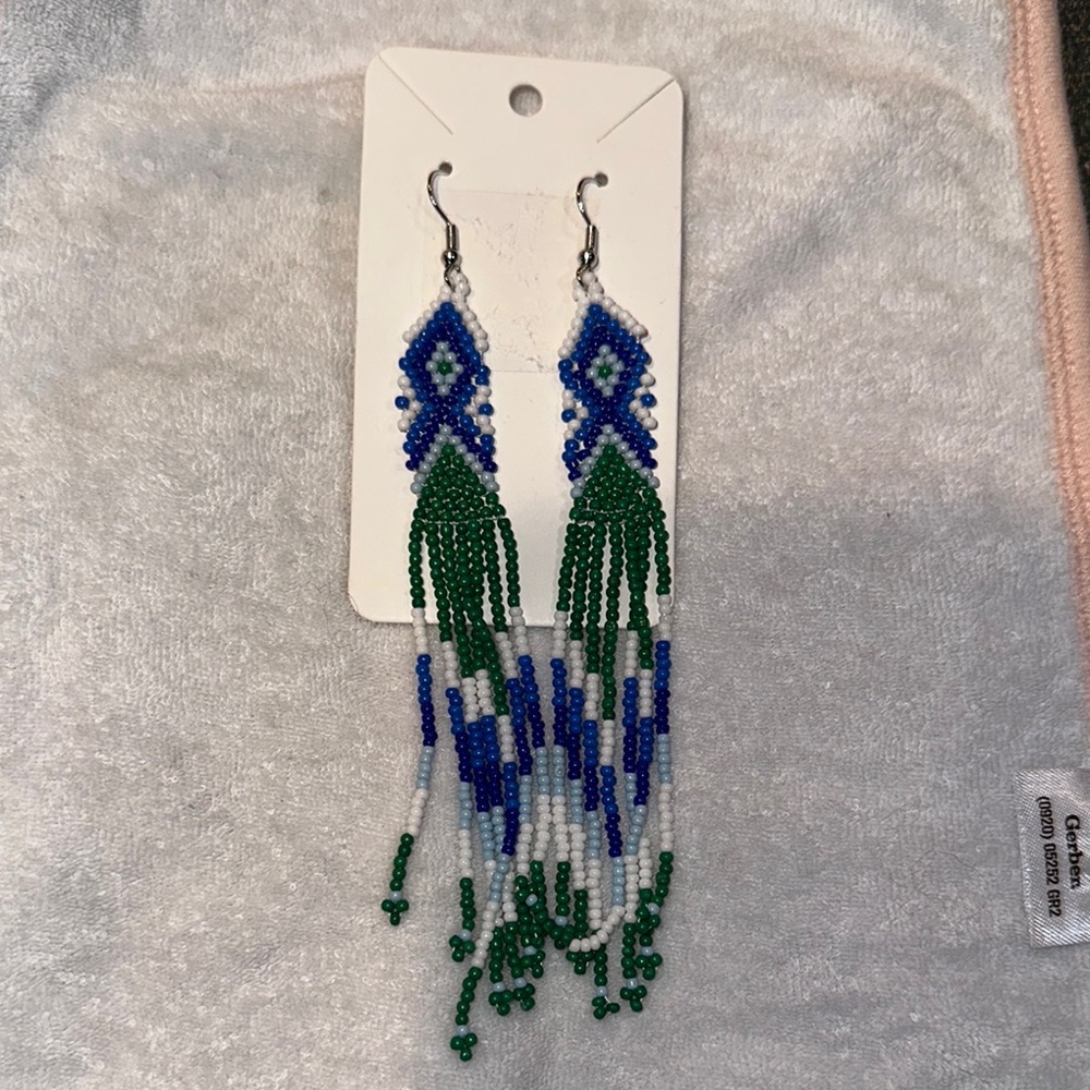Beaded Green and Blue Earrings